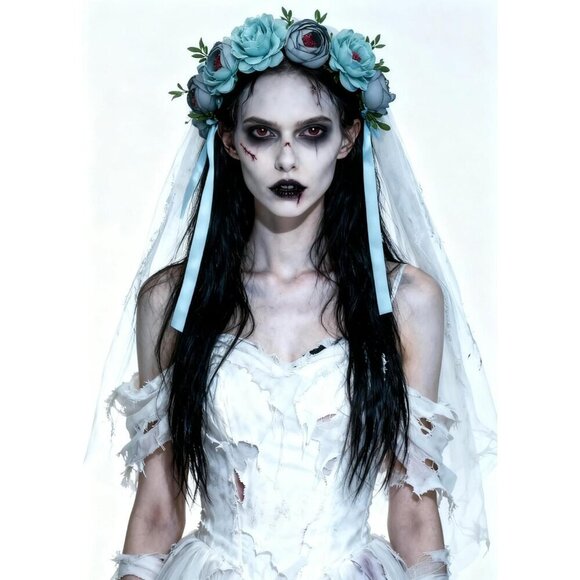 Zombie Bride Costume Accessories Bridal Veil Gothic Floral Crown Gloves Hallowee main image 4